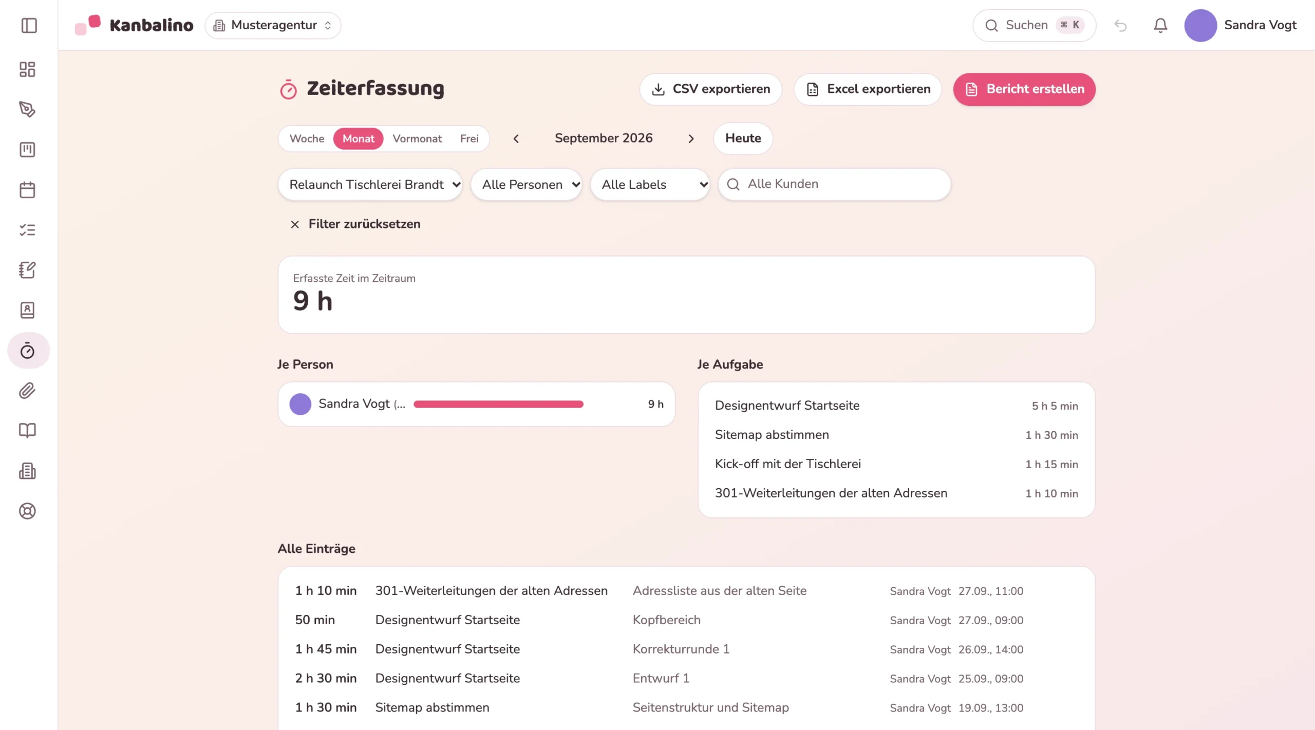 Zeiterfassung eines Monats: erfasste Zeit je Person und je Aufgabe, darunter alle Einträge mit Notiz