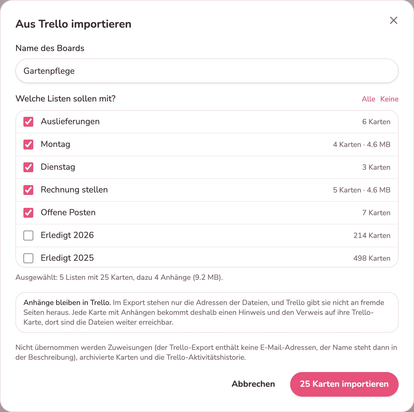 Import-Dialog in Kanbalino: Trello-Listen zum Ankreuzen, zwei alte Erledigt-Listen sind abgewählt